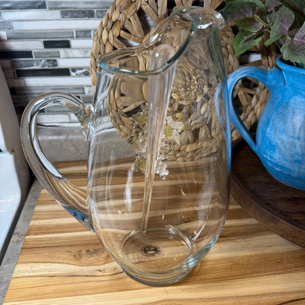 Arthur Court Designs Glass Pitcher Pewter Grape Cluster Embellishment Ice Lip